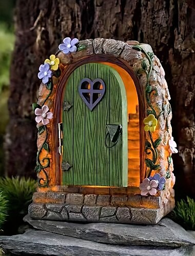  Miniaturas de jardín de puerta de hadas solar, puerta de hadas con escalones, accesorios de jardín de hadas de resina, decoración del hogar del jardín del árbol, adornos de brillo de jardín a prueba