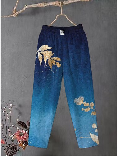  Mujer Pantalones de lino y algodón pantalones Pantalones anchos Confort chino Hasta el Tobillo Media cintura Flor Bolsillo Holgado Estampado Transpirabilidad Microelástico Exterior Diario Azul marino