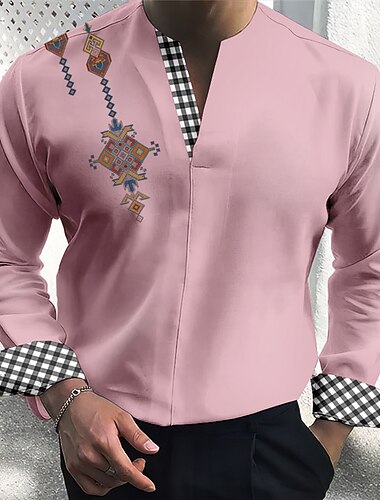  Herren Stammes Vintage Geometrie Hemd Knopfhemd Langarm Modisch Strassenmode Designer Outdoor Casual Täglich Sommer Herbst V Ausschnitt Bedruckt Schwarz Rosa Blau Grün Khaki