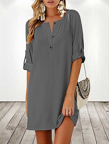 Mujer Negro Azul Marino Gris Verano Primavera Mini vestido Vestidos de lino y algodón Vestido de Camisa Vestido de verano de algodón Elegante Básico Casual Exterior Vacaciones Diario Ajuste regular