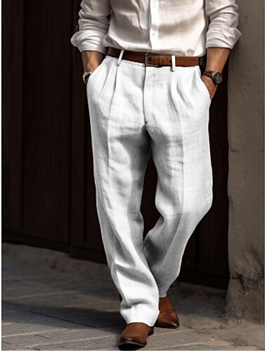  Herren Leinenhose Hose Hosen Sommerhosen Faltenhose Anzughose Vordertasche Gerade geschnitten Glatt Komfort Atmungsaktiv Casual Täglich Festtage Modisch Basic Schwarz Weiß