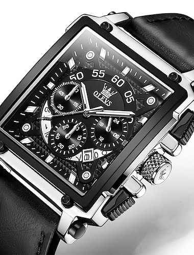  OLEVS Heren Quartz Horloge Kalender Chronograaf Groot Dial Waterdicht Echte Leren Horloge