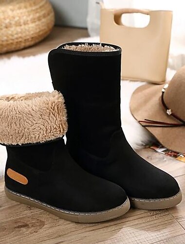 Mulheres Botas Botas de Neve Tamanhos Grandes Botas de inverno Diário Côr Sólida Forrada com Fleece Botas Botas Tornozelo Inverno Presilha Sem Salto Ponta Redonda Casual Conforto Camursa Sintética
