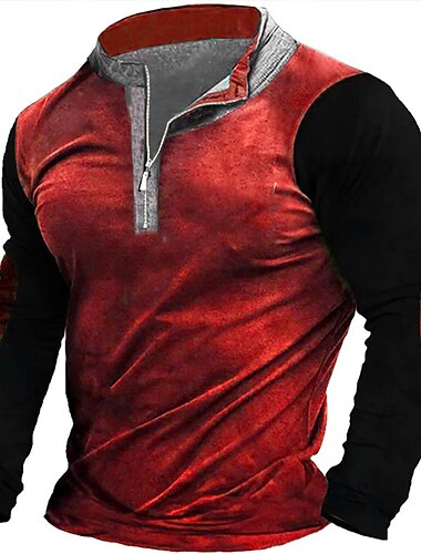  Men's T Shirt Henley Shirt Tee Top Long Sleeve Shirt Long Sleeve Henley Spring &  Fall Color Block Fashion Designer Basic Patchwork Vacation Street Going out Red Blue Brown Top Tee for Men