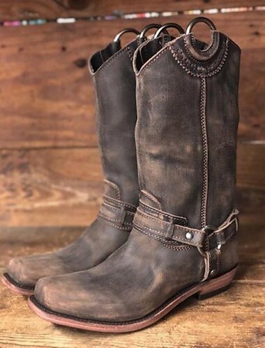  Women's Boots Cowboy Boots Motorcycle Boots Plus Size Outdoor Daily Solid Color Knee High Boots Winter Buckle Flat Heel Round Toe Vintage Classic Casual PU Zipper Black Red Light Grey