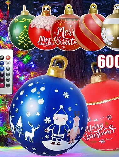  60cm 屋外クリスマスインフレータブル装飾ボールライト、リモコン付き、PVC 巨大クリスマスオーナメント、クリスマスツリーパーティーガーデンデコレーション、カラフルなライト付きおもちゃボール