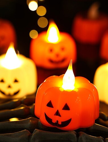  Lámpara de vela de calabaza con decoraciones de Halloween, lámpara de calabaza con luz electrónica LED, lámpara de decoración de Jack-O-Lantern con atmósfera, juguete luminoso, suministros de decoración para fiestas, juguete para niños, lámpara de vela de