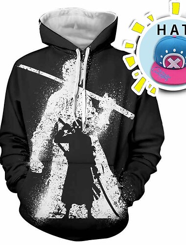  et stykke abe d. luffy roronoa zoro hættetrøje tegneserie anime harajuku grafisk kawaii hættetrøje til mænds kvinders unisex voksnes 3d-print 100 % polyester med hat