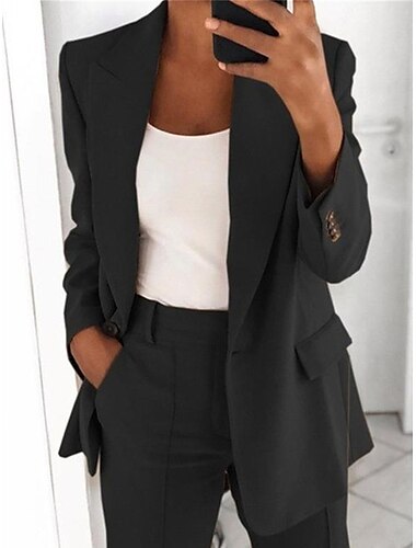  Women's Blazer Single Breasted Lapel Jacket Fall Formal Business Coat with Pockets Outerwear Long Sleeve Fall Black