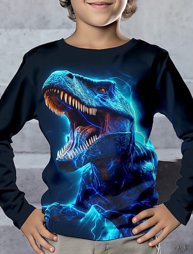  Gutt 3D Dinosaur T-skjorte Langermet 3D-utskrift Høst Vinter Sport Mote Gatemote Barn 3-12 år Crew-hals utendørs Avslappet Daglig Normal