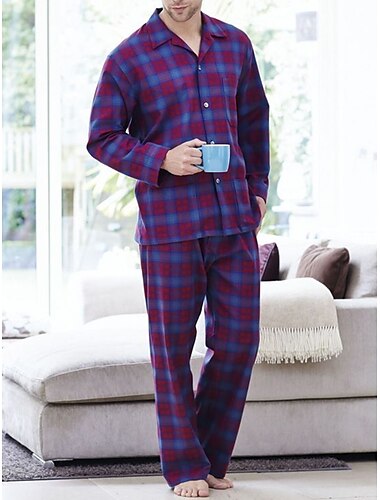  Hombre Ropa de salón Pijama Conjunto pijama Top y pantalón de pijama 2 Piezas Plaid Elegante Casual Confort Hogar Diario Algodón Comodidad Diseño Manga Larga Camisa Pantalón Correa Cintura elástica