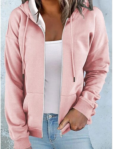 Sudadera con capucha y cremallera de gran tamaño para mujer, color sólido, informal, deportiva, con cordón, bolsillo frontal con cremallera, ropa deportiva activa, neón&amp;Sudadera con capucha