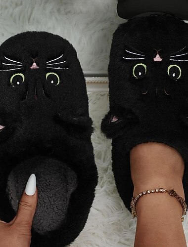  damespantoffels met pluche kattengezicht - comfortabele binnenpantoffels met schattige oren en borduurwerk voor thuis in de winter