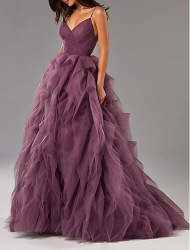  robe de bal robe de soirée beau dos élégant bal robe de soirée formelle col en v sans manches balayage / brosse train tulle avec volants couleur pure 2022