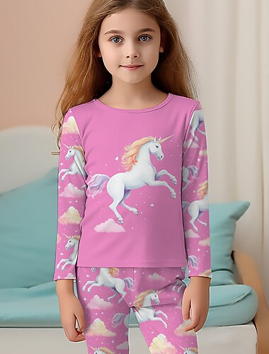  Flickor 3D Enhörnings Pyjamasset Rosa Långärmad 3D-tryck Höst Vinter Aktiv Mode söt stil Barn 3-12 år Rund hals Hem Casual Inomhus Normal