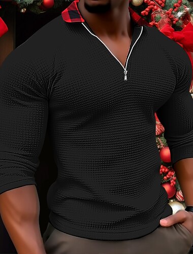  Voor heren Wafel T-shirt T-shirt Wafel Henley-shirt Shirt met lange mouwen Lange mouw V-hals Revers Lente & Herfst Effen Modieus Ontwerper Basic Afdrukken Vakantie Straat Uitgaan Zwart Wit Rood Top