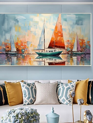  Handgefertigtes Ölgemälde auf Leinwand, Wandkunst-Dekor, originelles, farbenfrohes Segelboot in voller Größe für die Heimdekoration, mit gespanntem Rahmen, ohne Innenrahmen-Gemälde