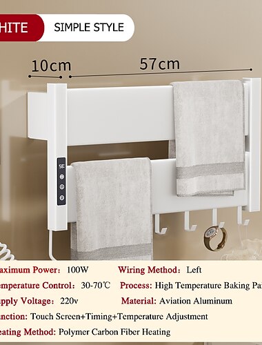  An der Wand montierter elektrischer Handtuchwärmer mit Timer und mehrstufigen Temperatureinstellungen, fest verkabelt und steckbar, schnelles Aufheizen, bezaubernd, modern, aus Aluminium, 1 Stück