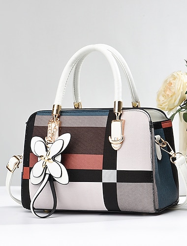  Women’s Plaid Handbag with Faux Leather Handles and Shoulder Strap, Structured Top Handle Bag with Butterfly Charm for Office, Shopping and Daily Use
