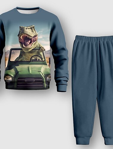  Gutt 3D Dinosaur Sweatshirt & Joggebuksesett Sett Langermet 3D-utskrift Høst Vinter Aktiv Mote Kul Barn 4 år + Crew-hals utendørs Feriereise Gate Normal