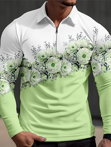  דרבי קנטקי בגדי ריקוד גברים פרחוני חולצות פולו הוואי חולצת גולף שרוול ארוך חולצות פולו חולצות עם צווארון יום יומי ביגוד חוף בגדי נופש טרופי ללבוש תלבושות למסיבה הדפסת תלת מימד רבע זיפ פולו סתיו חורף