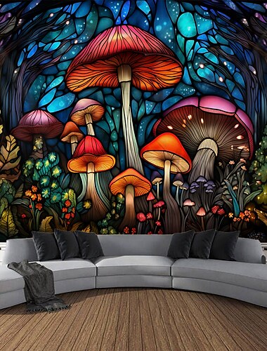  Buntglas-Pilz-Hängeteppich, Wandkunst, großer Wandteppich, Wanddekoration, Fotohintergrund, Decke, Vorhang, Zuhause, Schlafzimmer, Wohnzimmer, Dekoration