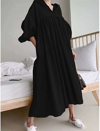  Damen Schwarz Weiß Kaki Herbst Winter Maxikleid Weißes Kleid Baumwoll-Leinen-Kleider Hemdblusenkleid Mode Basic Klassisch Outdoor Urlaub Täglich Lässiger Schnitt Einfach Mit Kapuze