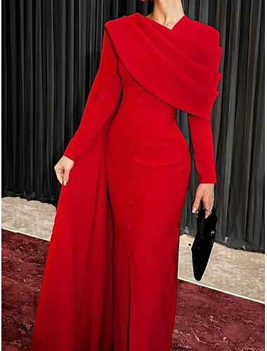  Sheath Red Black Red Green Dress Evening Gown Elegant Cape Dress Formal Fall Sweep / Brush Train Long Sleeve Cowl Neck Stretch Fabric with Buttons Slit 2024