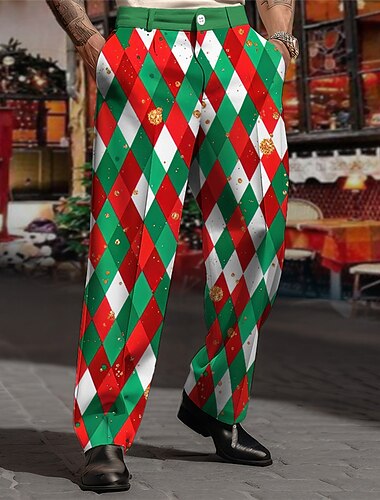  חג המולד גברים סצנת חג המולד מכנסיים מודפסים argyle עסקים קז'ואל מכנסיים בהדפס תלת מימד ללבוש רחוב לעבודה בחוץ פוליאסטר מכוער אדום כחול כתום s m l גמישות גבוהה