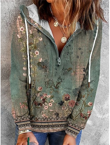  Sudadera con capucha y cremallera para mujer, sudadera con capucha, jersey con estampado floral, informal, de calle, con cremallera de un cuarto, sudadera básica vintage, top de manga larga,