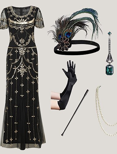  Goldene Zwanziger 1920er Cocktailkleid Knöchellänge Flapper Kleid Kleid Outfits Der große Gatsby Charleston Hochzeitsgast Feder Damen Neujahr Maskerade Party Heimkehr Abschlussball Erwachsene 1 x