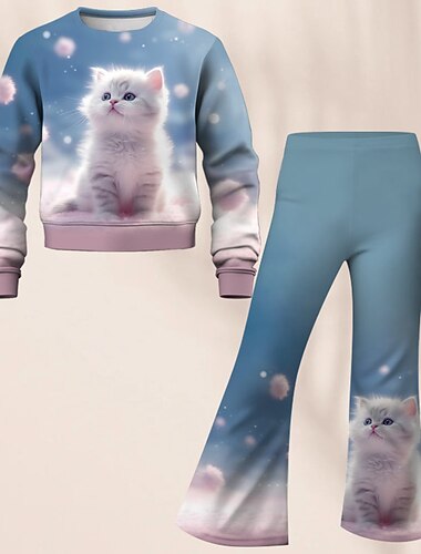  Fille 3D Galaxie Chat Set Ensemble sweat-shirt et pantalon évasé manche longue 3D effet Automne Hiver Actif Mode du quotidien Enfants 4 ans et + Col Ras du Cou Extérieur Vacances Rendez-vous Standard