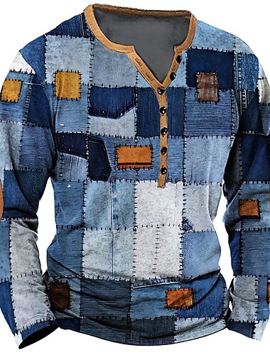  Herren Graphic Patchwork Jeansstoff Henley Shirt Langarm 3D-Druck Täglich Retro Vintage Brautkleider schlicht Casual Festtage Ausgehen Frühling & Herbst Königliches Blau Blau Himmelblau Dunkelblau