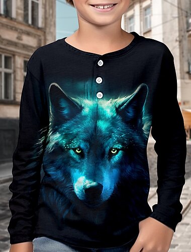  בנים תלת מימד זאב חולצת הנלי שרוול ארוך הדפסת תלת מימד סתיו חורף ספורט אופנתי סגנון רחוב ילדים 3-12 שנים צווארון עגול קצר בָּחוּץ קזו'אל יומי רגיל