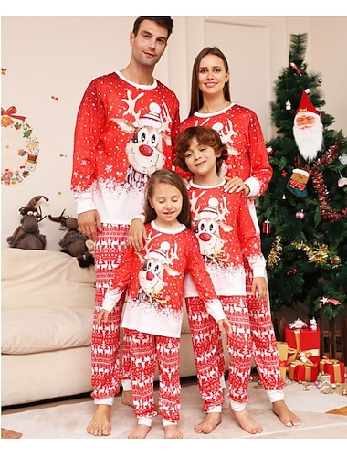  Mirada familiar Navidad Pijamas navideños familiares Pijamas Graphic Lindos pijamas navideños Escuela Estampado Rojo Manga Larga Trajes de mamá y yo Activo Trajes a juego