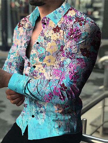  Per uomo Graffiti Camicia Camicia con bottoni Manica lunga Informale Esterno Strada Casual / quotidiano Autunno inverno Collo ripiegabile Bottoni Stampa Rosso Blu