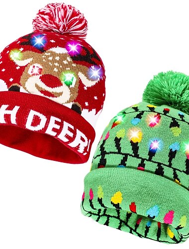  2 confezioni di cappelli di Natale a LED, cappelli di Natale illuminati, berretto unisex lavorato a maglia, cappello da festa con stampa di renne e albero di Natale per feste