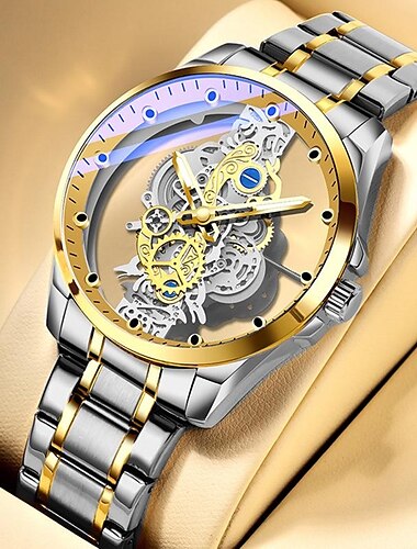  高級中空メンズ腕時計自動クォーツ時計スケルトンヴィンテージ発光防水レザーステンレス鋼男性腕時計男性時計ギフト