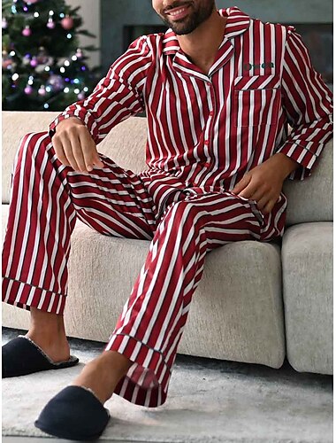  Hombre Ropa de salón Pijama Conjunto pijama Top y pantalón de pijama 2 Piezas Raya Elegante Casual Confort Hogar Diario Mezcla de Algodón Comodidad Diseño Manga Larga Camisa Pantalón Correa Cintura