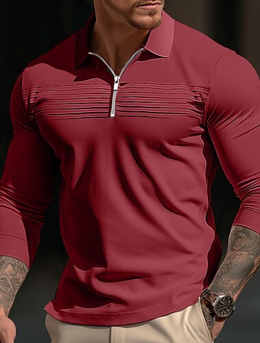  Herren Poloshirt Poloshirt mit Viertelreißverschluss Arbeit Freizeitskleidung Kargen Langarm Modisch Komfortabel Glatt Reißverschluss Falten Frühling & Herbst Regular Fit Weiß Rote Blau Grau Poloshirt