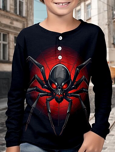  ハロウィーン 男の子 3D SPIDER ヘンリーシャツ 長袖 3Dプリント 秋 冬 スポーツ ファッション ストリートファッション 子供 3〜12年 クルーネック アウトドア カジュアル 日常 レギュラー