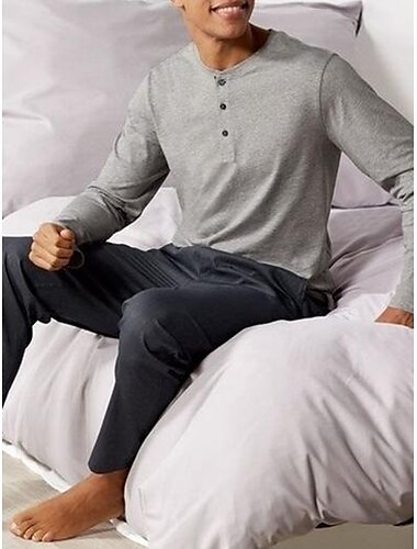  Hombre Ropa de salón Pijama Conjunto pijama Top y pantalón de pijama 2 Piezas Plano Elegante Casual Confort Hogar Diario Mezcla de Algodón Comodidad Henley Manga Larga Camiseta Pantalón Correa