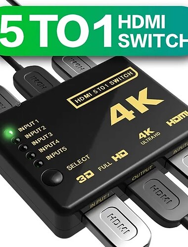 (5-in/1-ut) hdmi switcher stöder 4k ultra hd upplösning auto switcher box ljud/video adapter för tv stick tv box pc stick laptop spel station stöder 4k levereras med ir fjärrkontroll