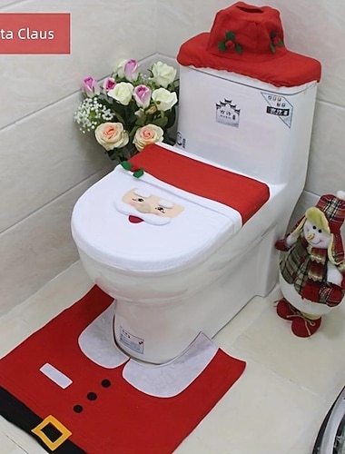  3 pièces/ensemble de décoration de salle de bain sur le thème du Père Noël, comprend une housse de siège de toilette, des tapis, une housse de boîte à eau et une housse de boîte de papier toilette, décoration de Noël.