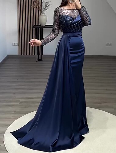  Robe de soirée sirène en sequins Élégante Robe de cérémonie Invité de mariage Longueur traîne Manches longues Col bijou Charmeuse avec perles froncées Masquerade Dress 2025