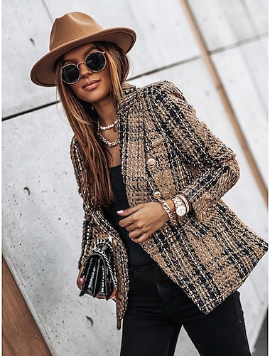  Women's Blazer Geometric Print Plaid Long Sleeve Coat Spring Fall Valentine's Day Double Breasted Regular Jacket Red