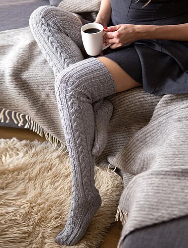  Kniehohe Winterstrümpfe mit Zopfmuster für Damen, extra lange Winterstrümpfe, dickere Overknee-Socken, keine sichtbaren Beinstulpen