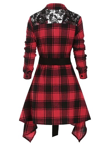  Mulheres Camisa de renda Blusa Shacket Xadrez Moda Manga Longa Colarinho de Camisa Tops longos Casual Renda Imprimir Túnica esvoaçante Preto Vermelho Verde Primavera & Outono