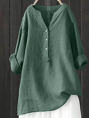  Women's Shirt Blouse Long Cotton Top Faux Cotton Linen Buttons Plain Fashion Daily Basic Long Sleeve V Neck Long Tops Casual Daily Blue Black Wine Red Green Spring &  Fall