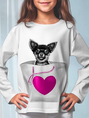  piger 3d hundet-shirt langærmet 3d print efterår vinter aktiv mode søde polyester børn 3-12 år rund hals udendørs afslappet daglig normal pasform